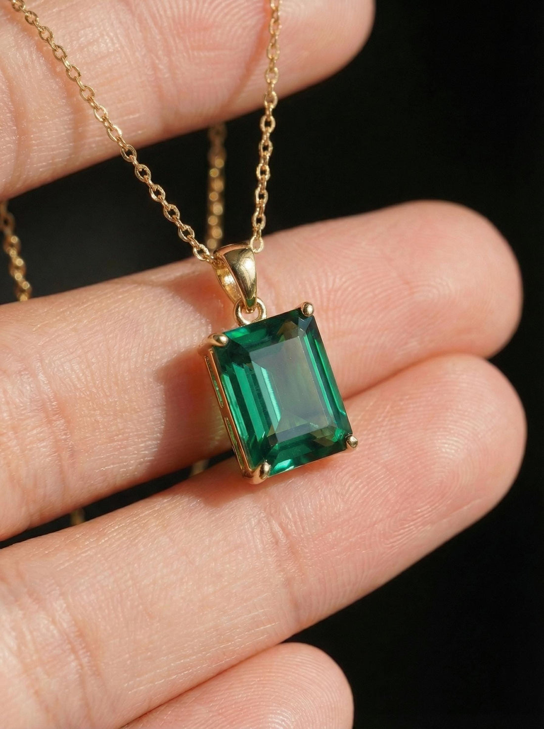 Dainty Emerald Cut Green Gemstone Necklace | 14K Gold Plated Solitaire Pendant | Elegant Minimalist Jewelry Gift