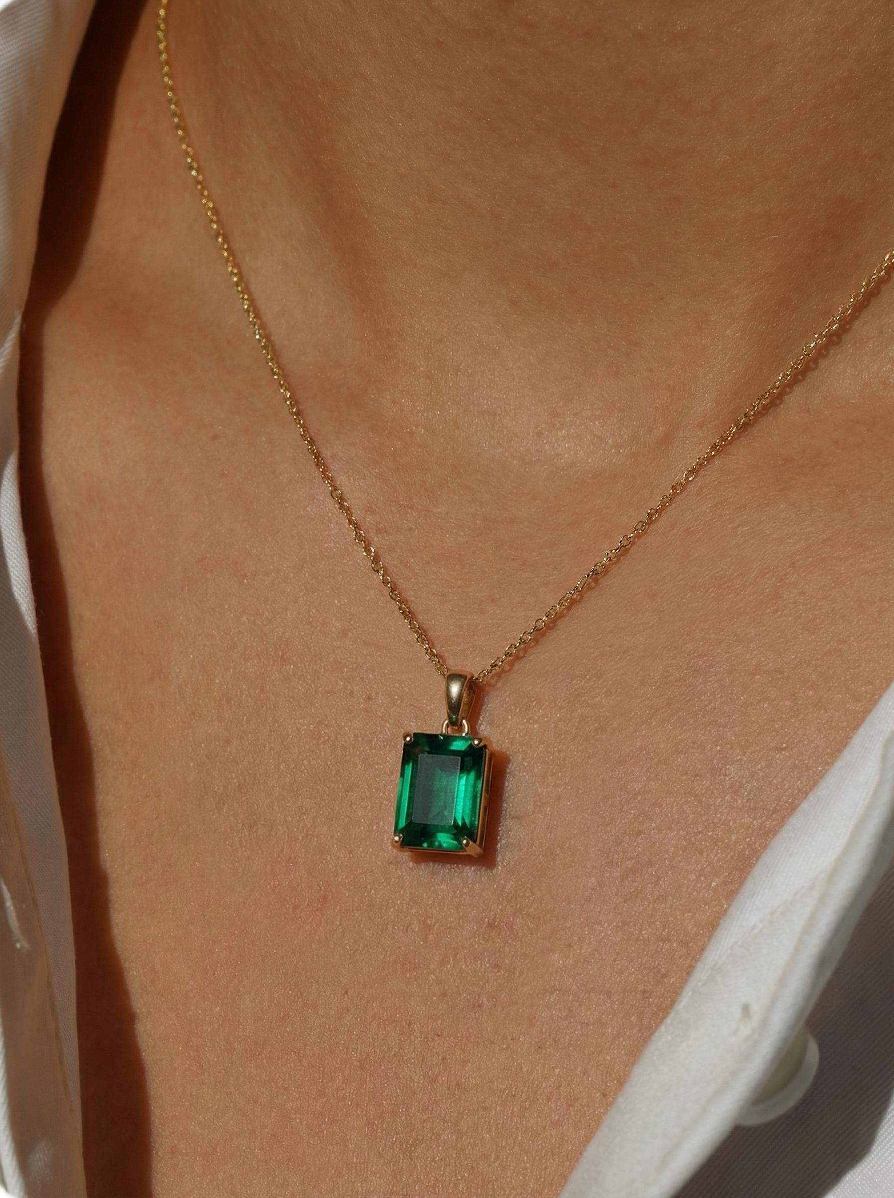 Dainty Emerald Cut Green Gemstone Necklace | 14K Gold Plated Solitaire Pendant | Elegant Minimalist Jewelry Gift