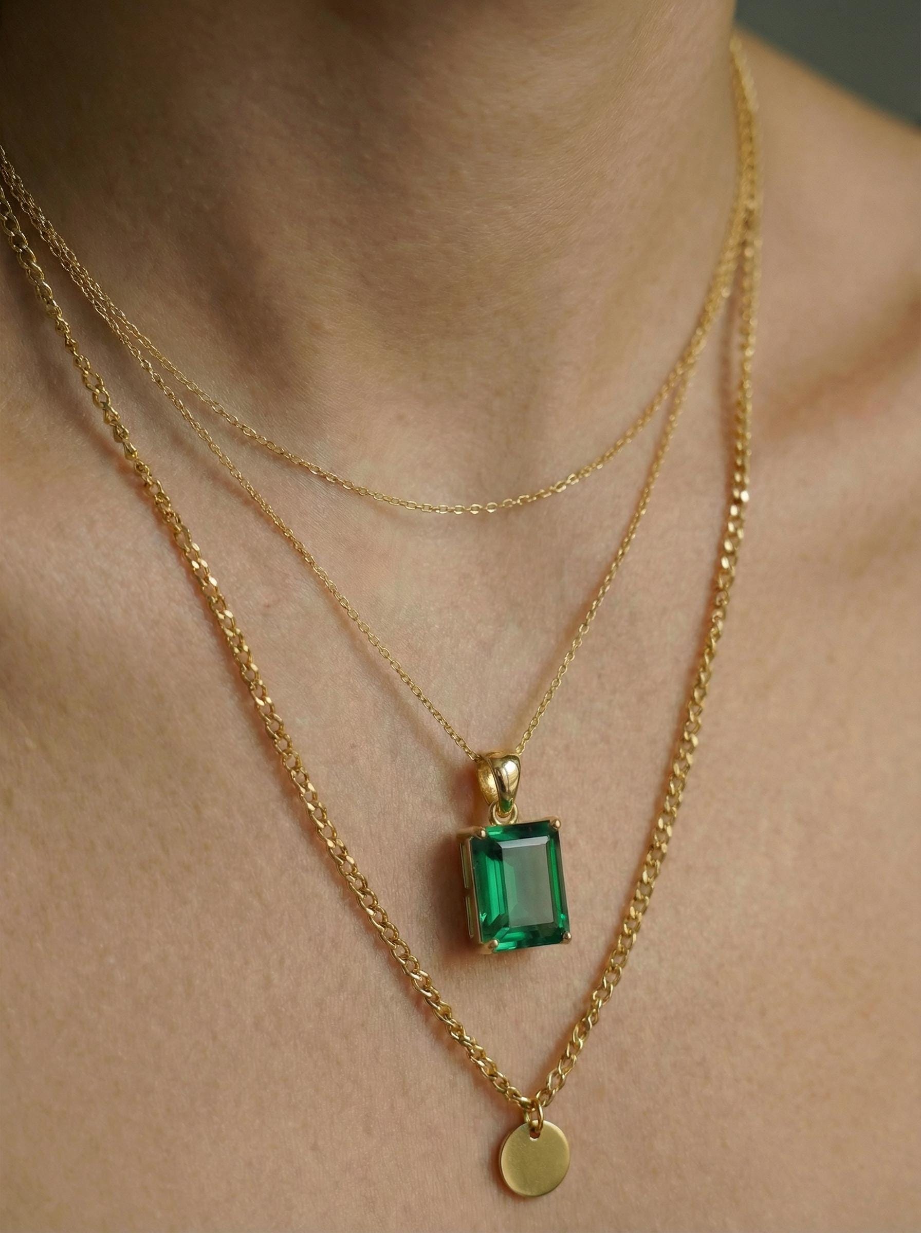 Dainty Emerald Cut Green Gemstone Necklace | 14K Gold Plated Solitaire Pendant | Elegant Minimalist Jewelry Gift