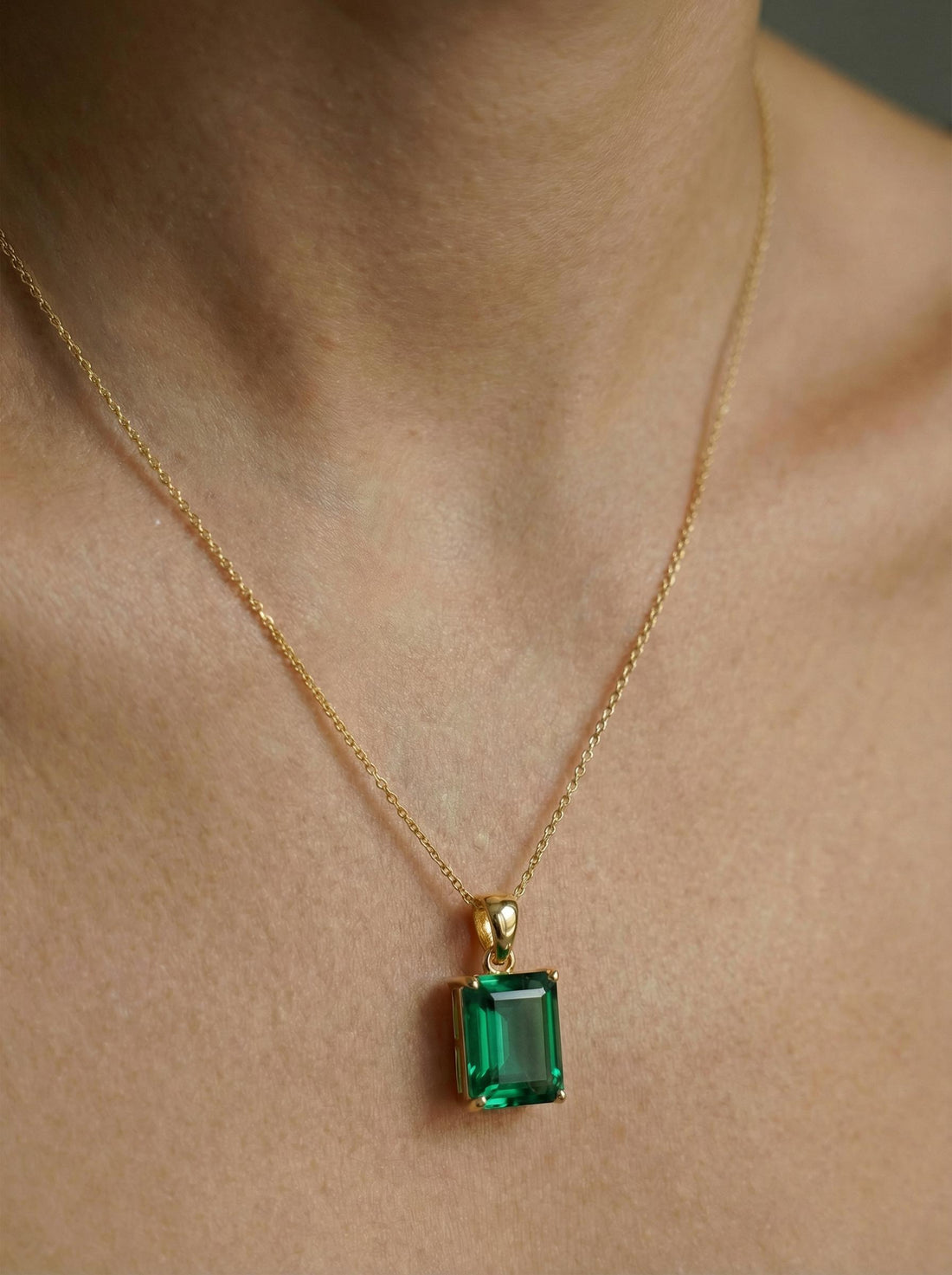 Dainty Emerald Cut Green Gemstone Necklace | 14K Gold Plated Solitaire Pendant | Elegant Minimalist Jewelry Gift