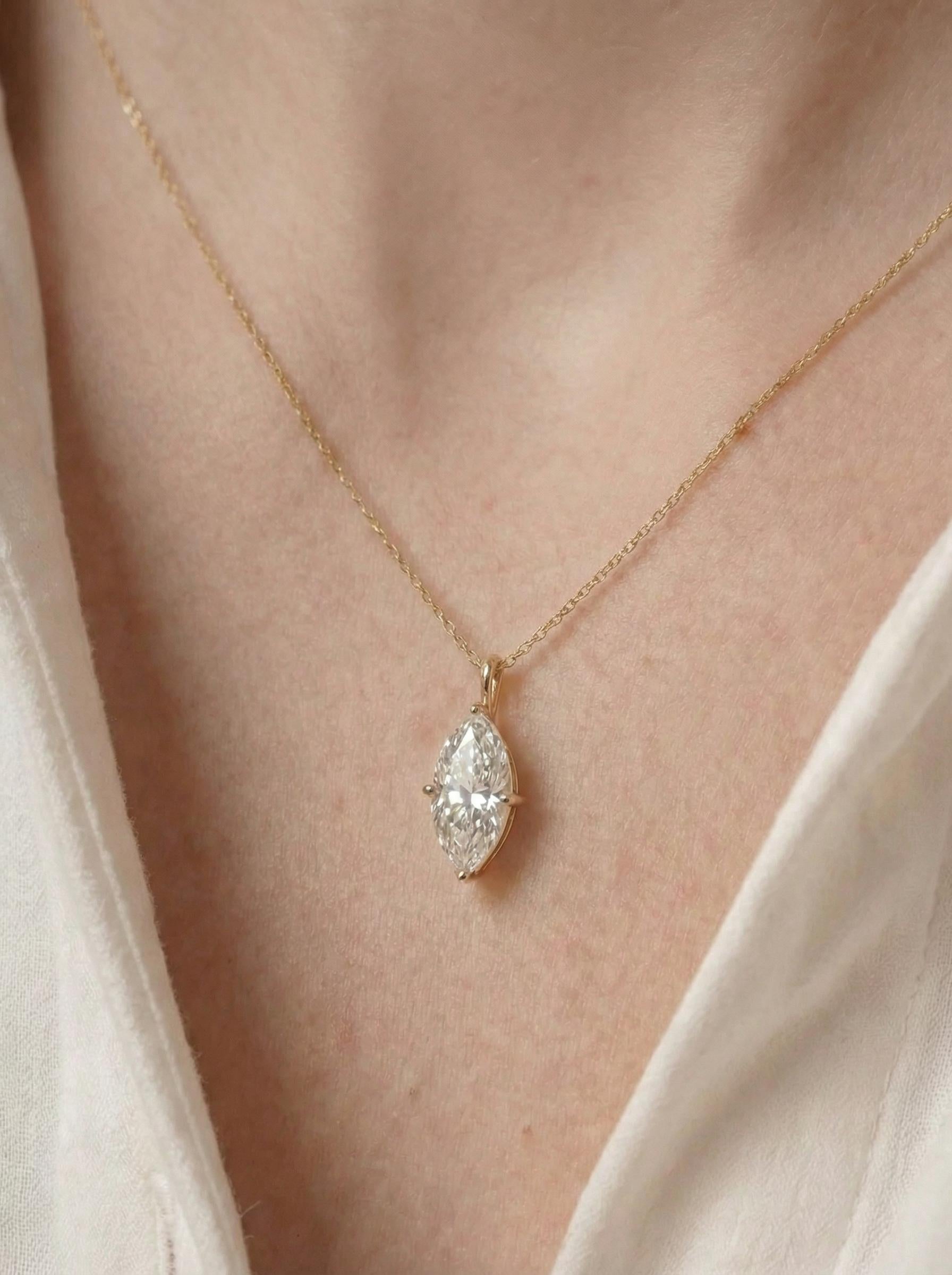 Delicate Marquise Diamond Solitaire Necklace 14k Gold Minimalist Pendant | Elegant Dainty Wedding Anniversary Gift for Her
