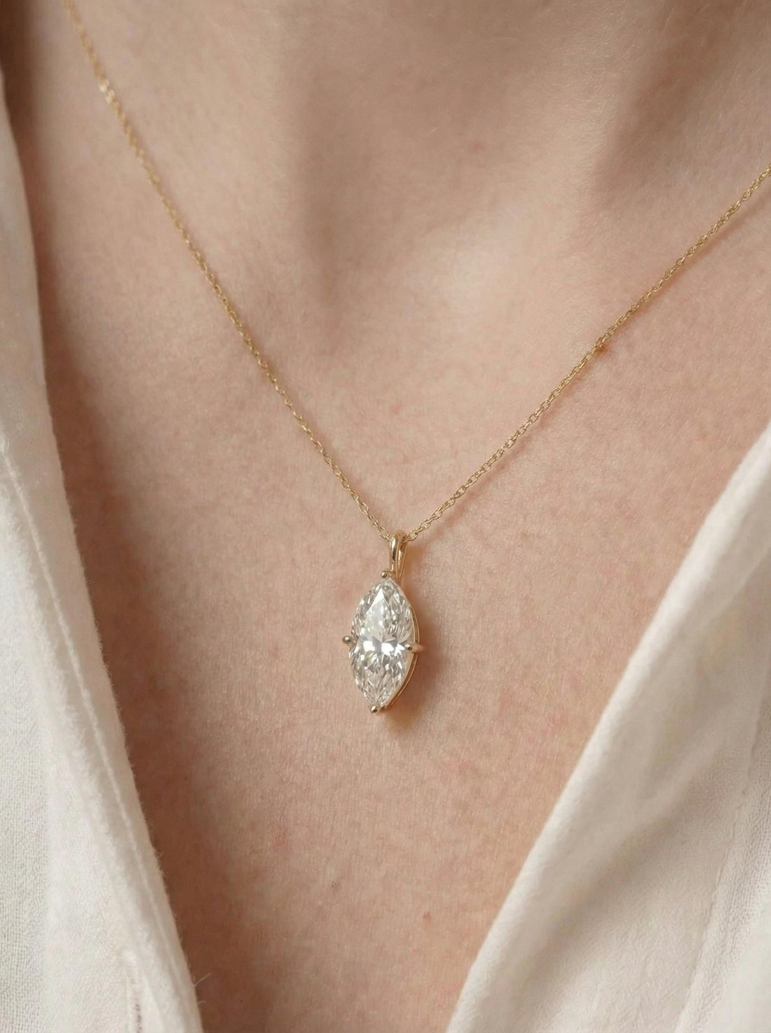 Delicate Marquise Diamond Solitaire Necklace 14k Gold Minimalist Pendant | Elegant Dainty Wedding Anniversary Gift for Her