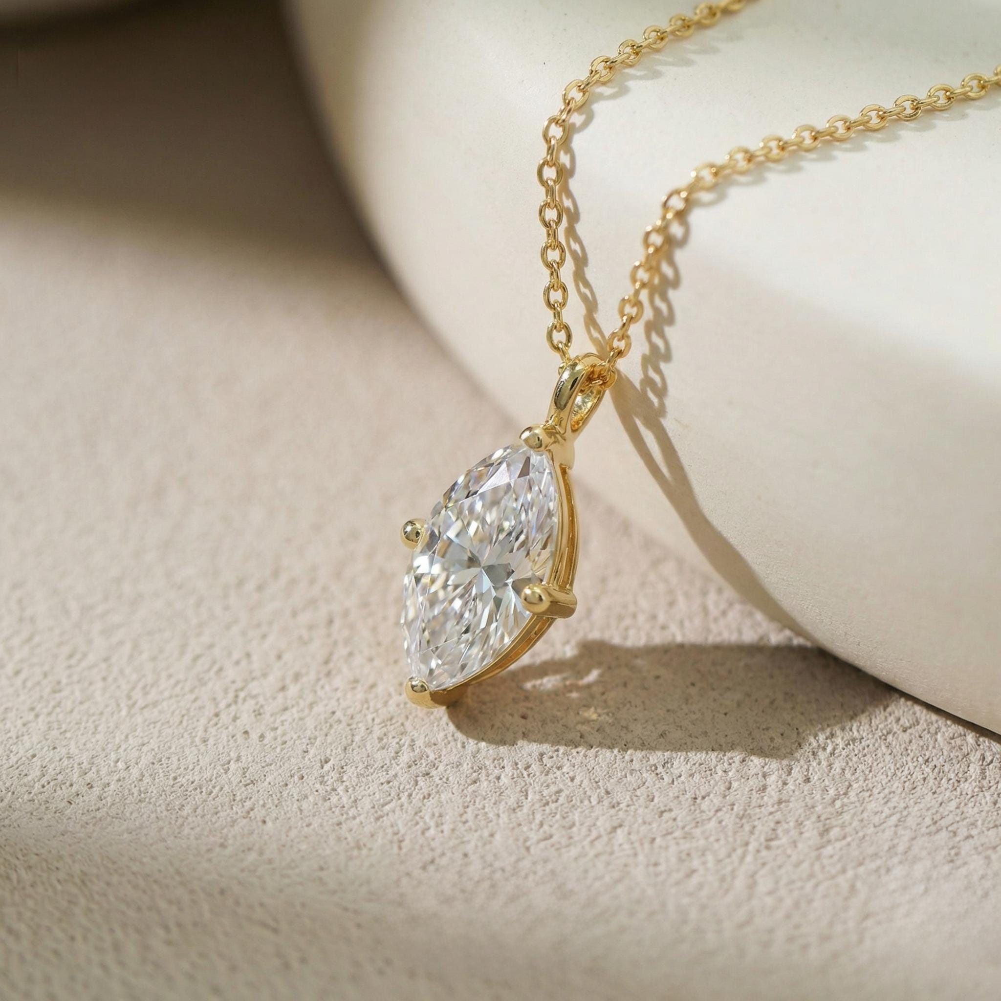 Delicate Marquise Diamond Solitaire Necklace 14k Gold Minimalist Pendant | Elegant Dainty Wedding Anniversary Gift for Her