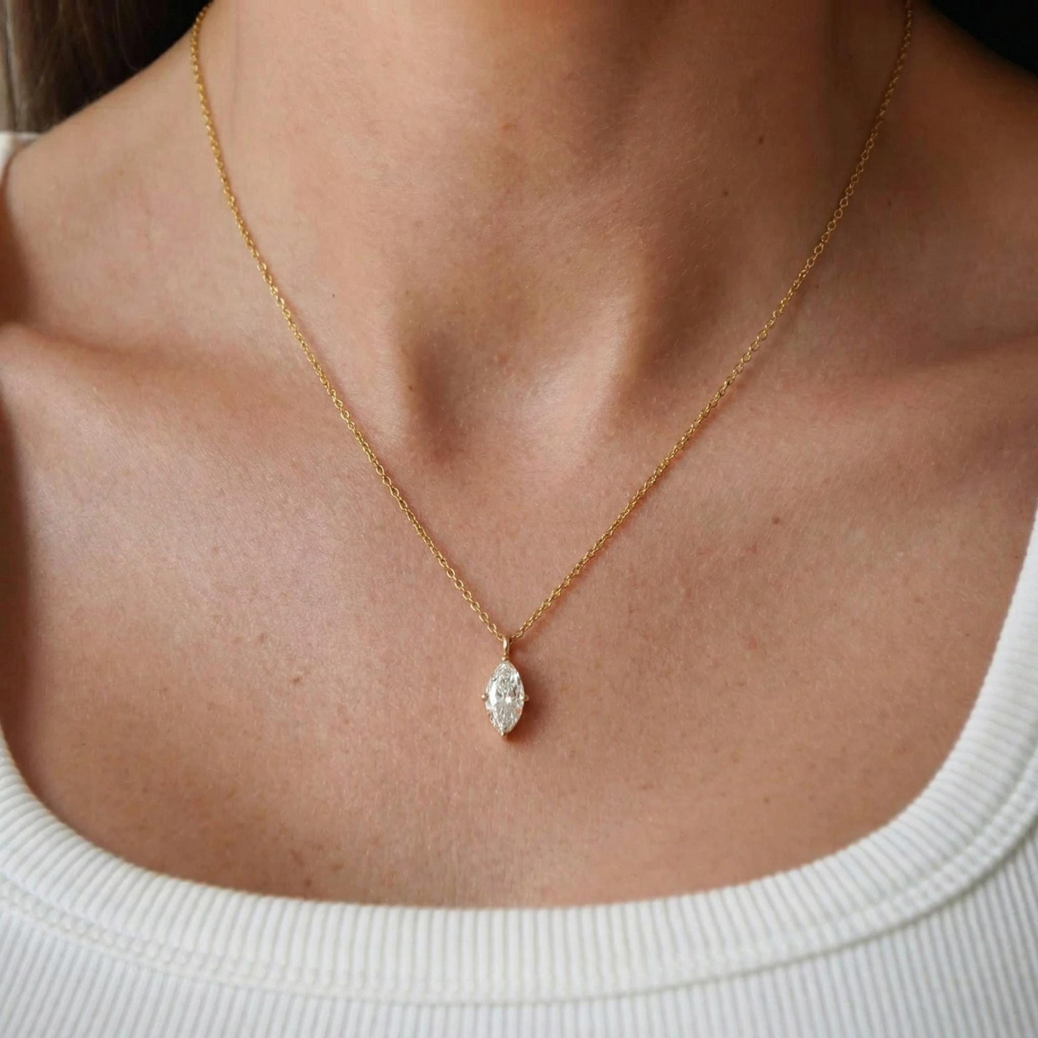 Delicate Marquise Diamond Solitaire Necklace 14k Gold Minimalist Pendant | Elegant Dainty Wedding Anniversary Gift for Her