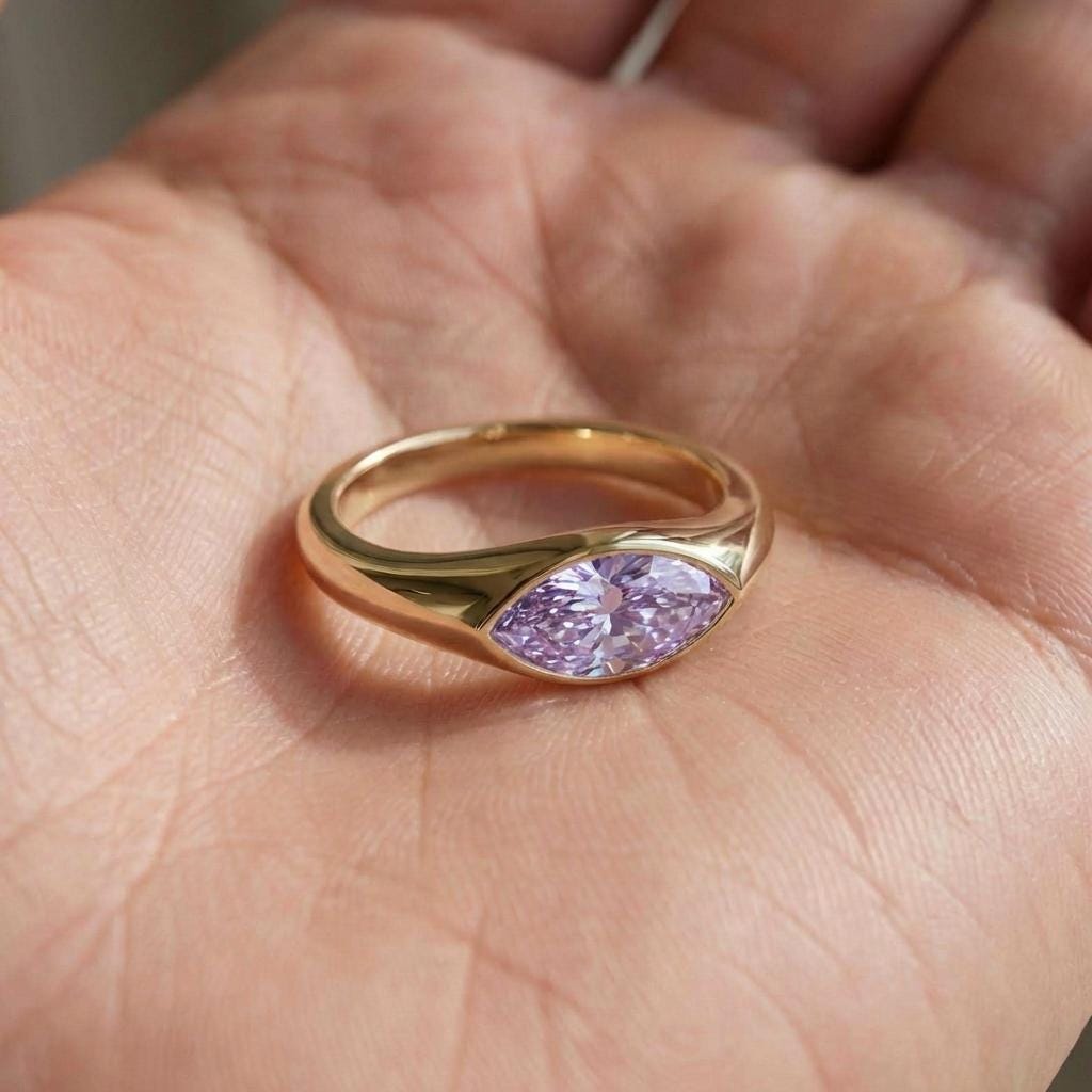 1.5ct Marquise Bezel Alexandrite Ring, 14K Solid Gold Signet Engagement Ring, Minimalist Pinky Promise Gift, June Birthstone Ring
