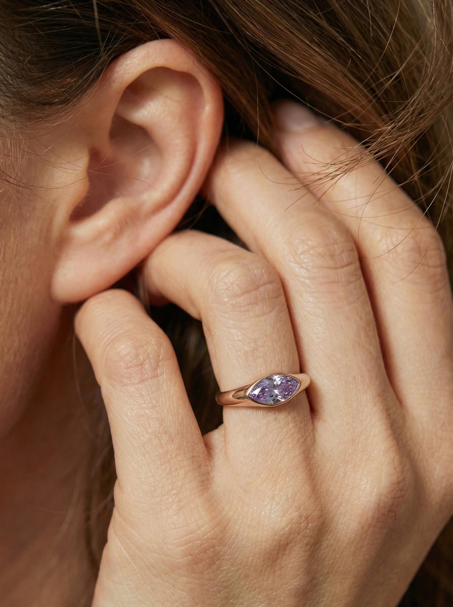 1.5ct Marquise Bezel Alexandrite Ring, 14K Solid Gold Signet Engagement Ring, Minimalist Pinky Promise Gift, June Birthstone Ring