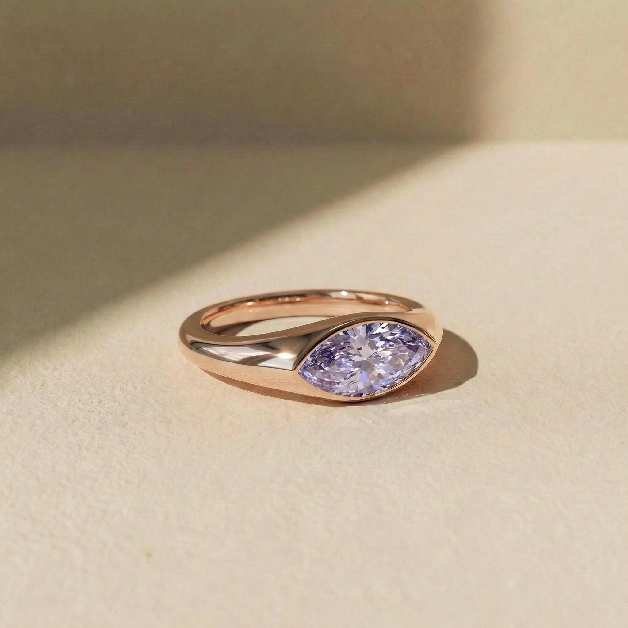 1.5ct Marquise Bezel Alexandrite Ring, 14K Solid Gold Signet Engagement Ring, Minimalist Pinky Promise Gift, June Birthstone Ring