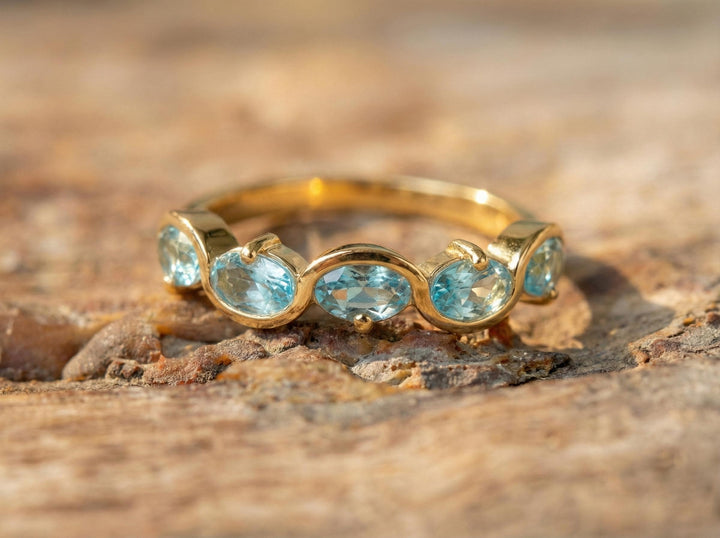 Graduation Gift Aquamarine Ring 5 Stone Oval Band Light Blue March Birthstone Jewelry Half Eternity Ring Custom Metal Choice