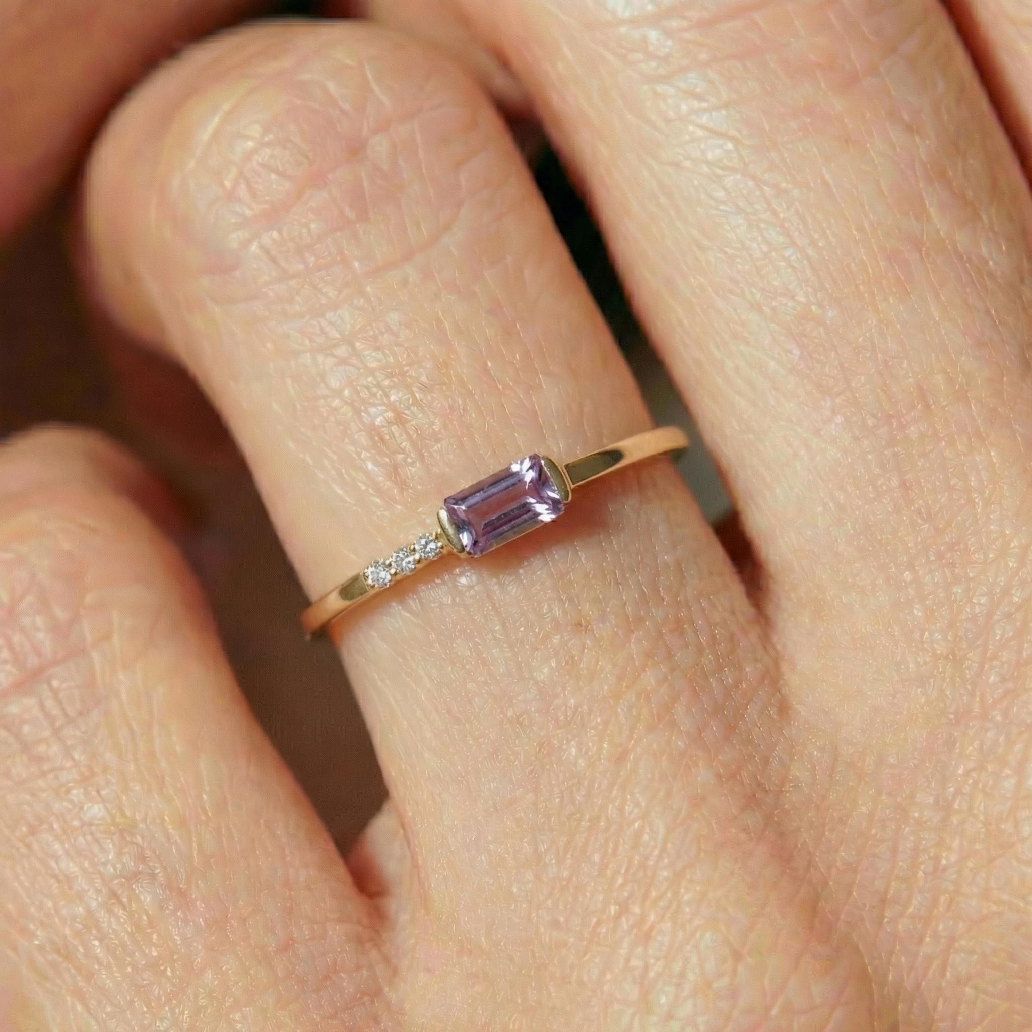 Dainty Baguette Alexandrite Ring, Minimalist June Birthstone Ring, Gift for Mom