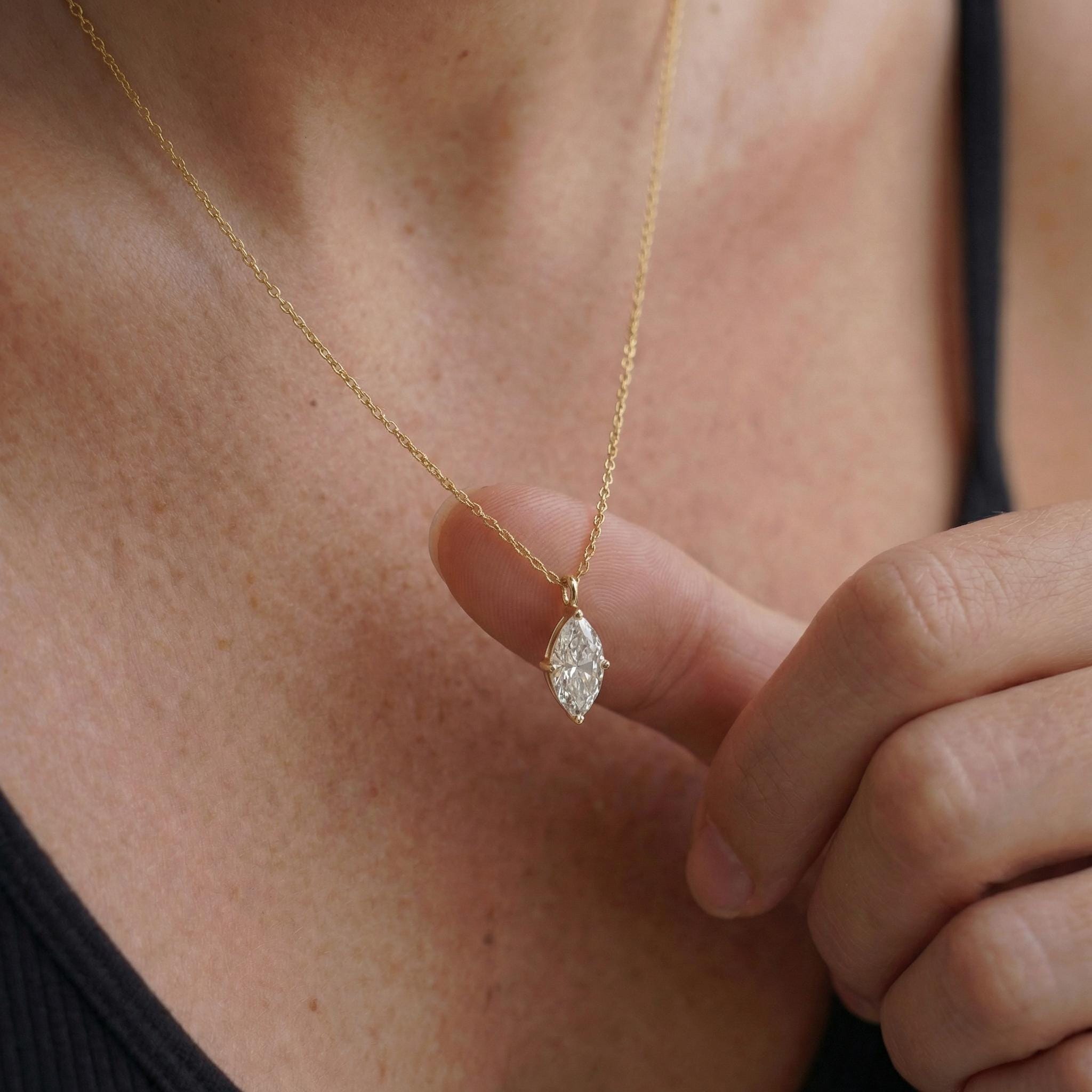 Delicate Marquise Diamond Solitaire Necklace 14k Gold Minimalist Pendant | Elegant Dainty Wedding Anniversary Gift for Her