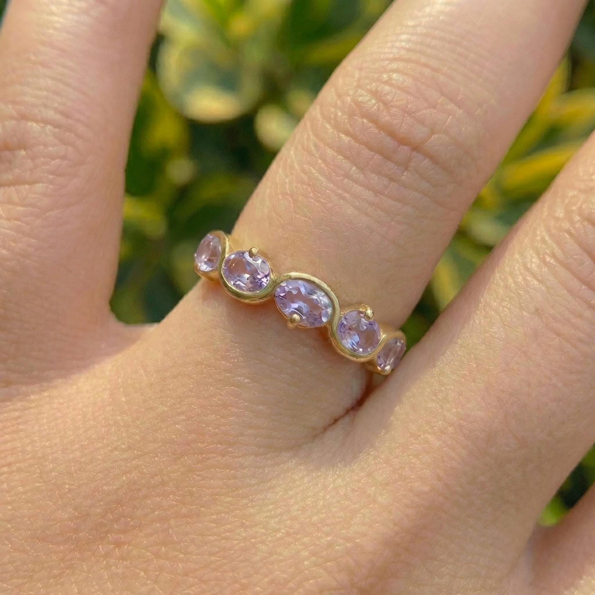 Alexandrite Ring 5 Stone Purple Gemstone Band Oval Cut Anniversary Jewelry Promise Ring for Her June Birthstone