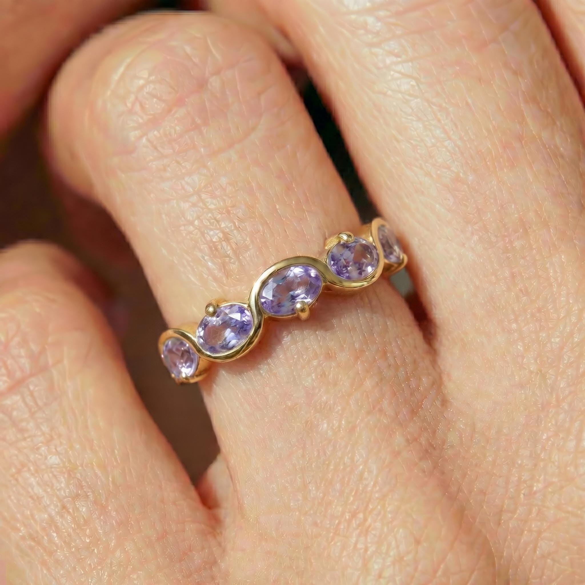 Alexandrite Ring 5 Stone Purple Gemstone Band Oval Cut Anniversary Jewelry Promise Ring for Her June Birthstone