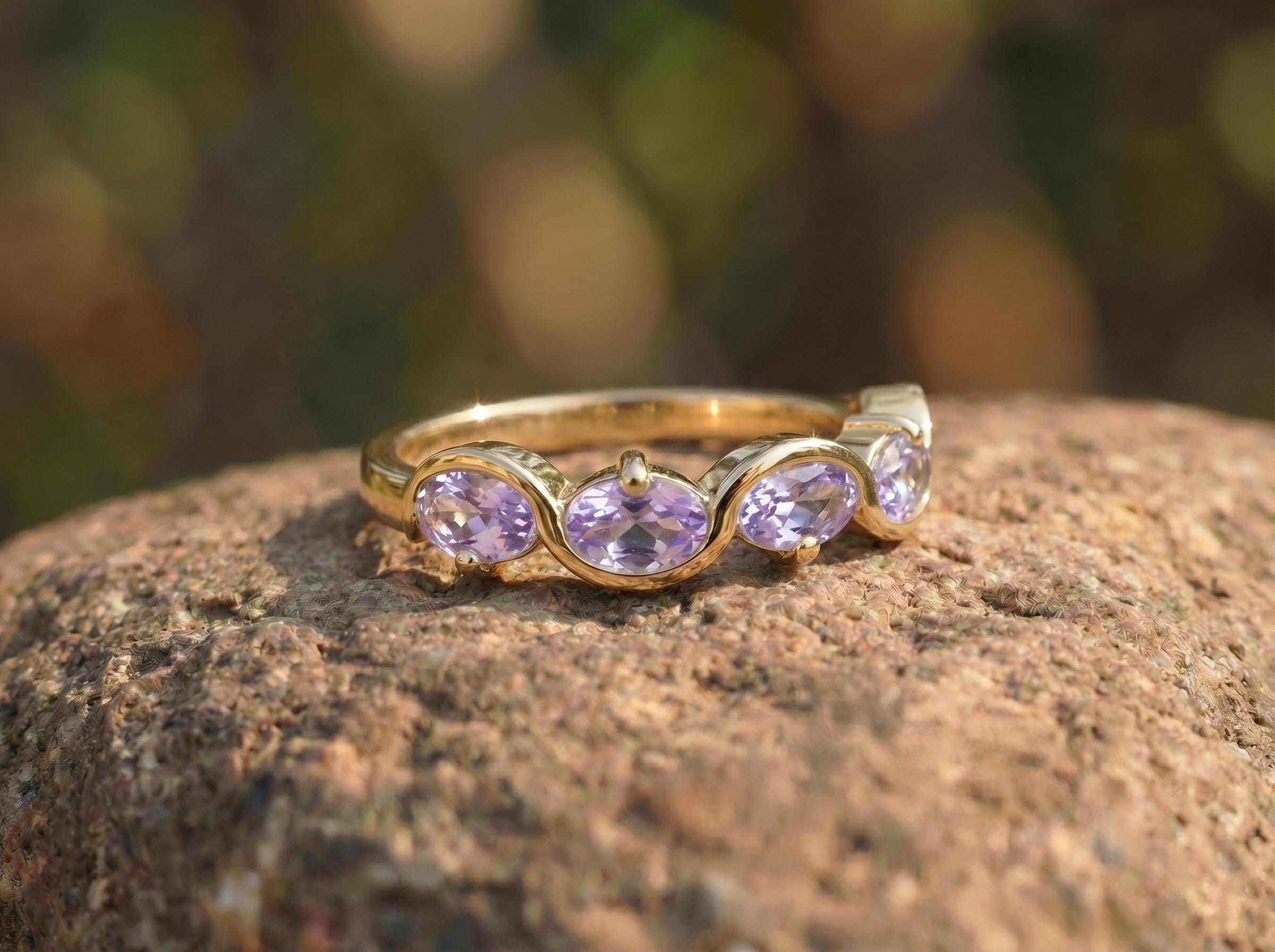 Alexandrite Ring 5 Stone Purple Gemstone Band Oval Cut Anniversary Jewelry Promise Ring for Her June Birthstone
