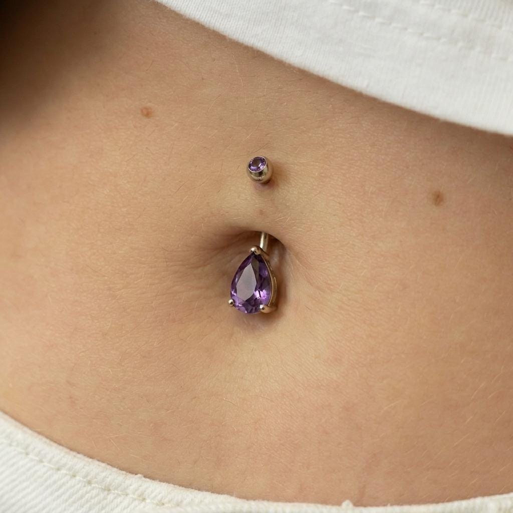Elegant Gold Amethyst Teardrop Belly Button Ring | Dainty Purple Navel Piercing Jewelry | Unique Gift for Her