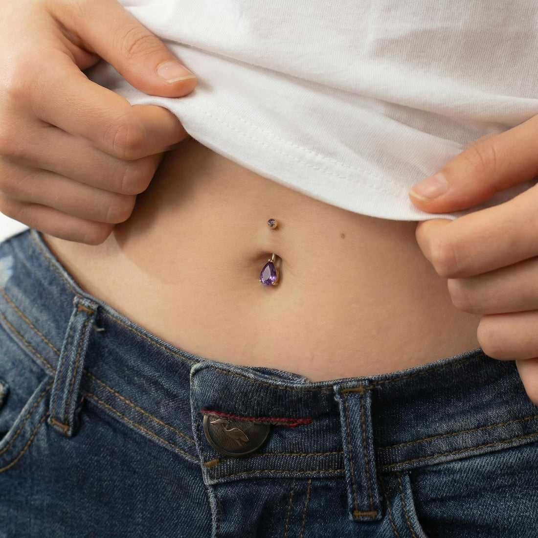Elegant Gold Amethyst Teardrop Belly Button Ring | Dainty Purple Navel Piercing Jewelry | Unique Gift for Her