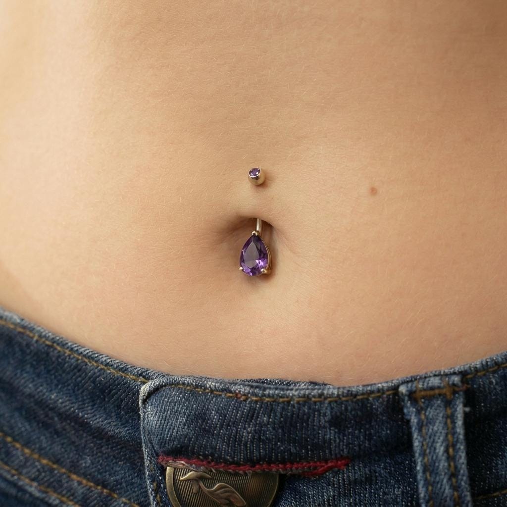 Elegant Gold Amethyst Teardrop Belly Button Ring | Dainty Purple Navel Piercing Jewelry | Unique Gift for Her