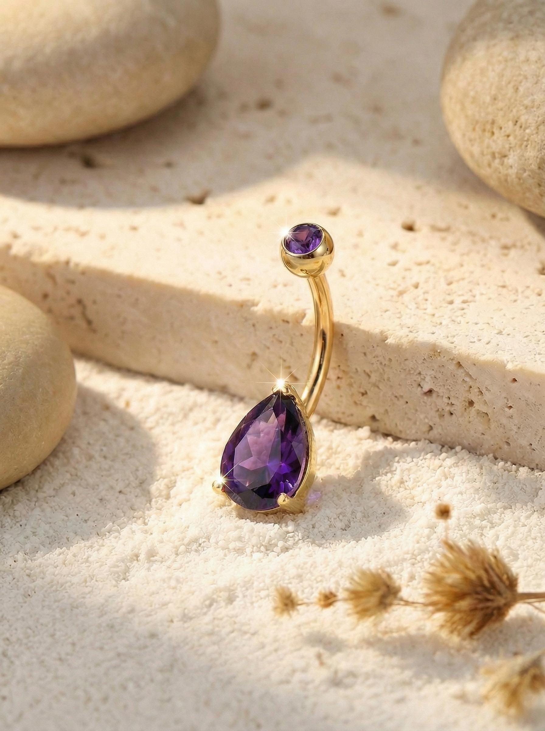 Elegant Gold Amethyst Teardrop Belly Button Ring | Dainty Purple Navel Piercing Jewelry | Unique Gift for Her