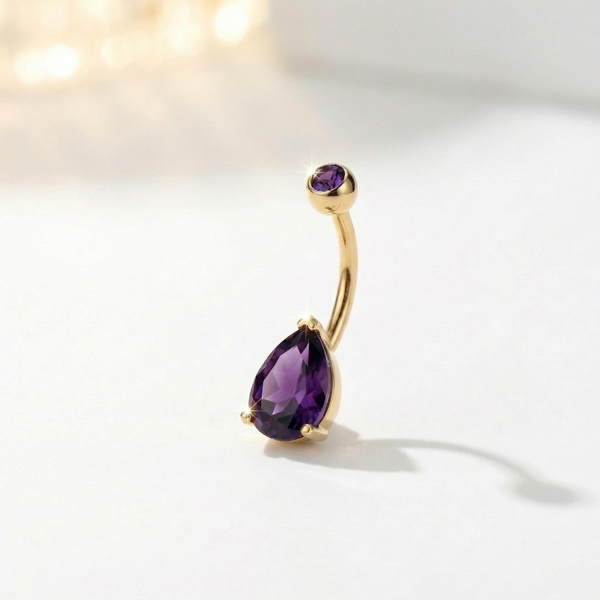 Elegant Gold Amethyst Teardrop Belly Button Ring | Dainty Purple Navel Piercing Jewelry | Unique Gift for Her