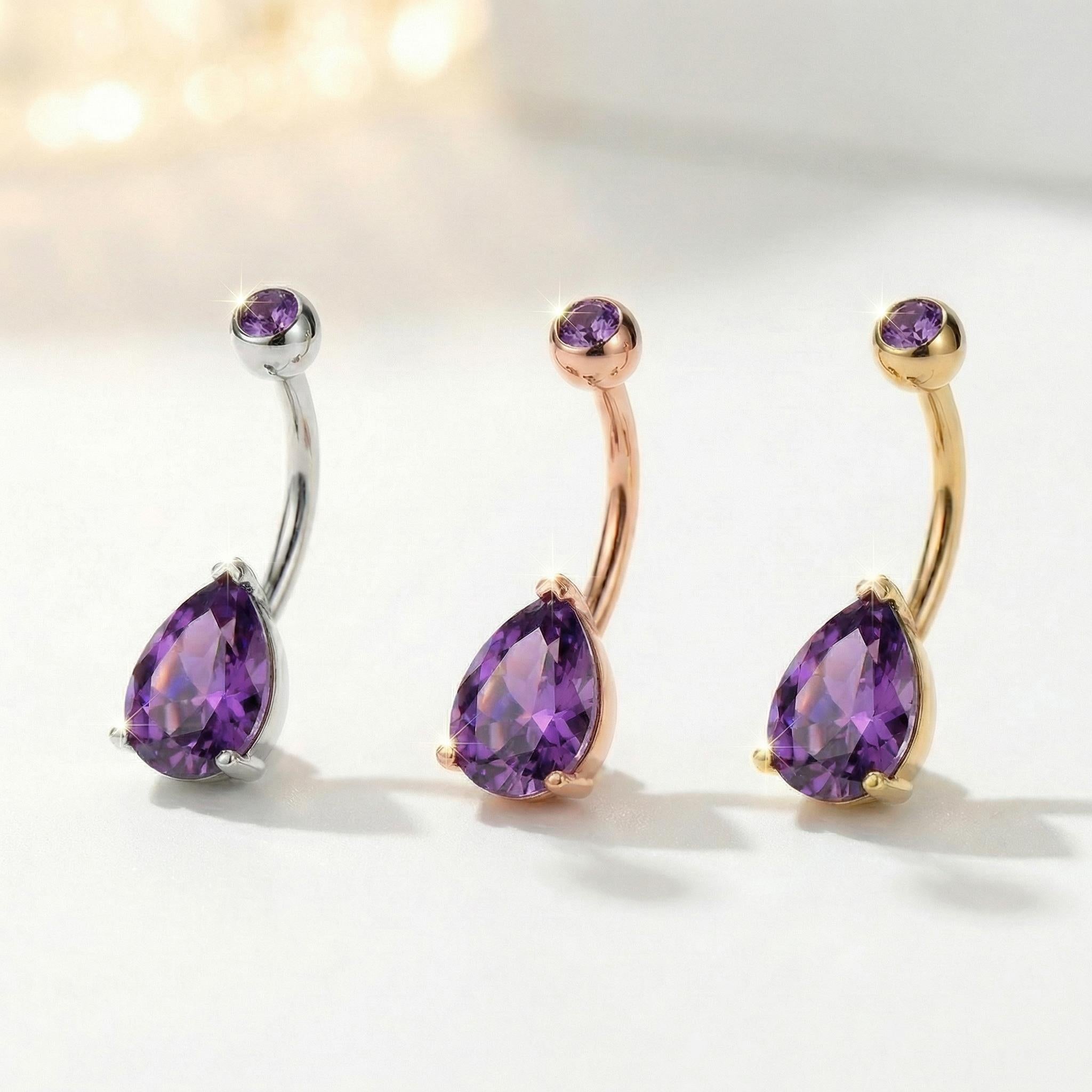 Elegant Gold Amethyst Teardrop Belly Button Ring | Dainty Purple Navel Piercing Jewelry | Unique Gift for Her