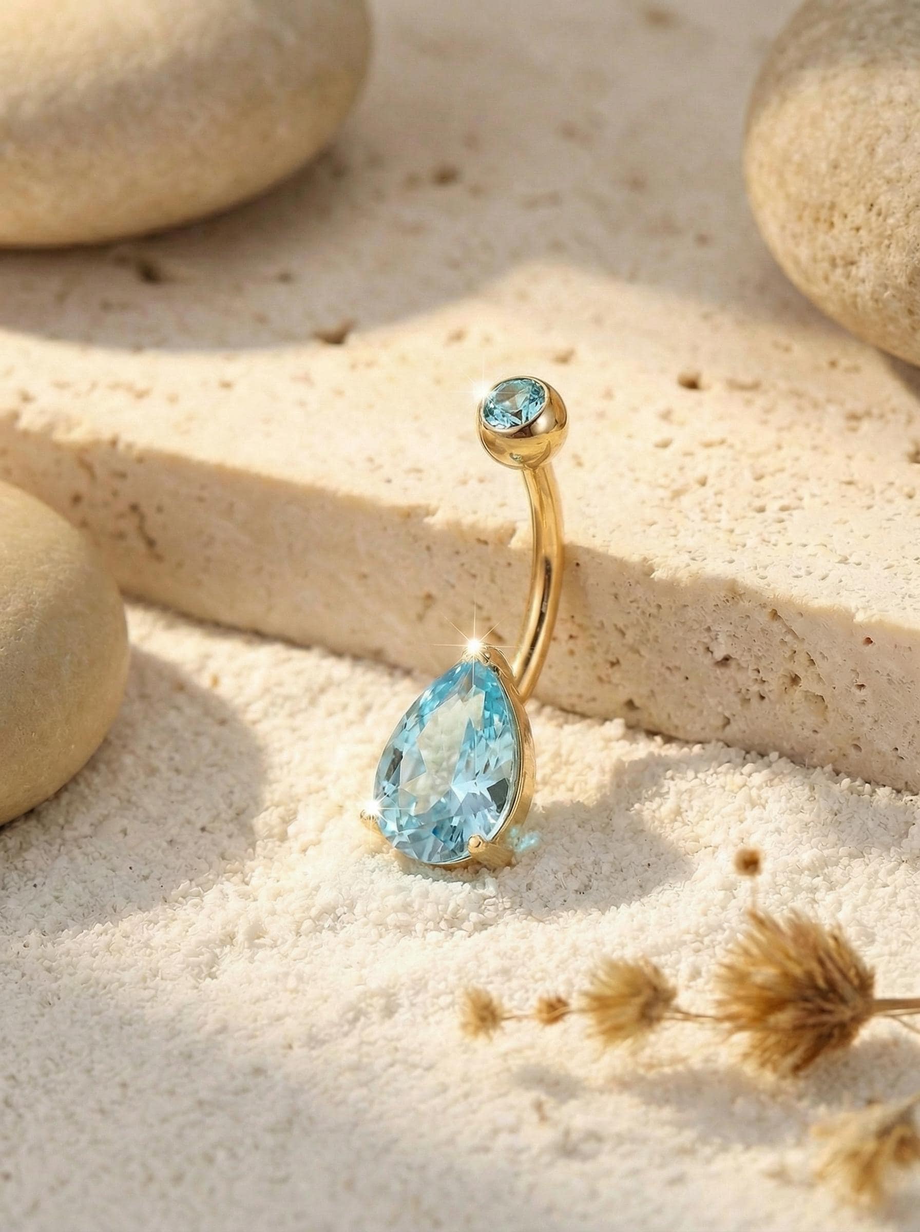 Dainty Aquamarine Teardrop Belly Button Ring | Sterling Silver Navel Piercing Jewelry | Elegant Blue Gemstone Dangle Body Jewelry Gift
