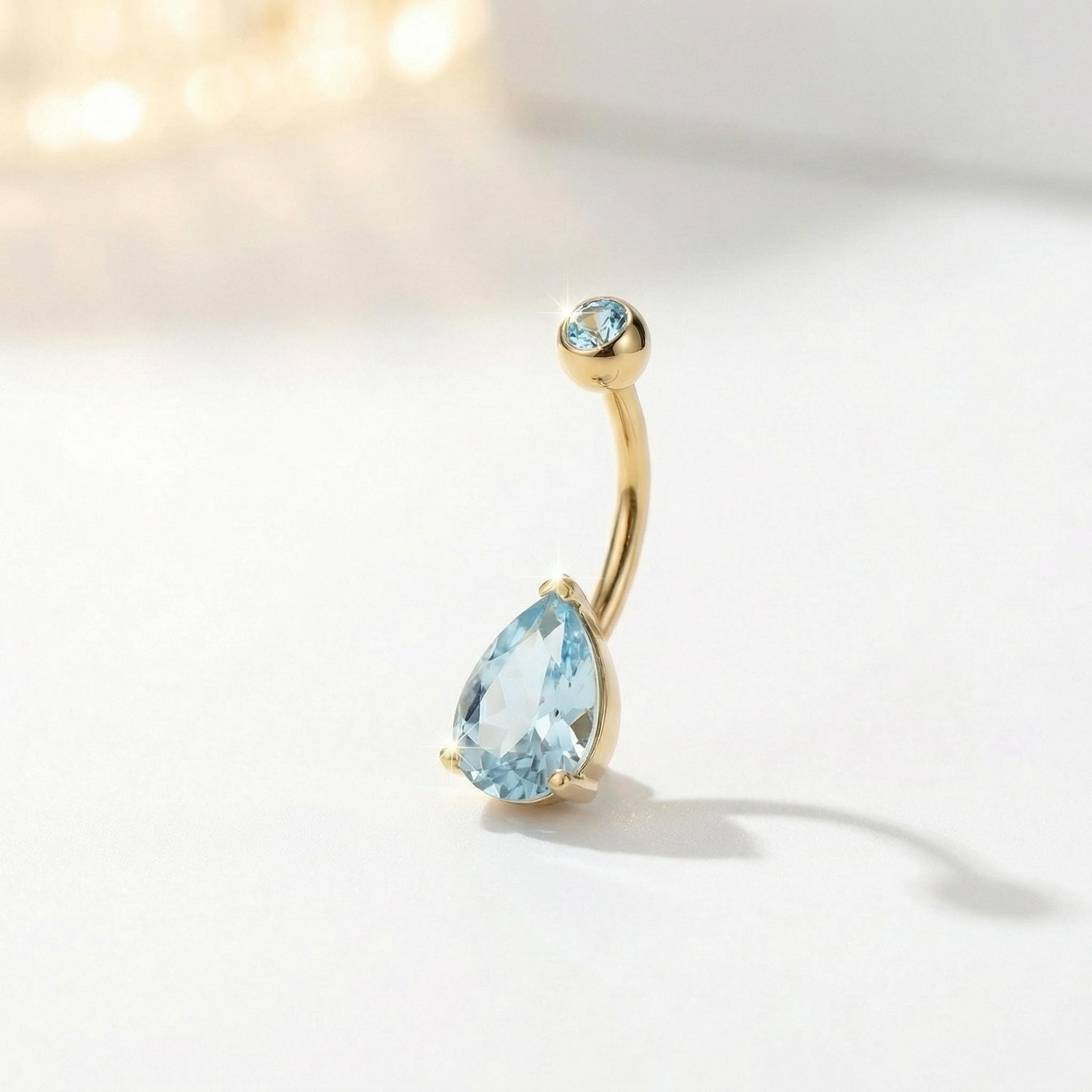 Dainty Aquamarine Teardrop Belly Button Ring | Sterling Silver Navel Piercing Jewelry | Elegant Blue Gemstone Dangle Body Jewelry Gift