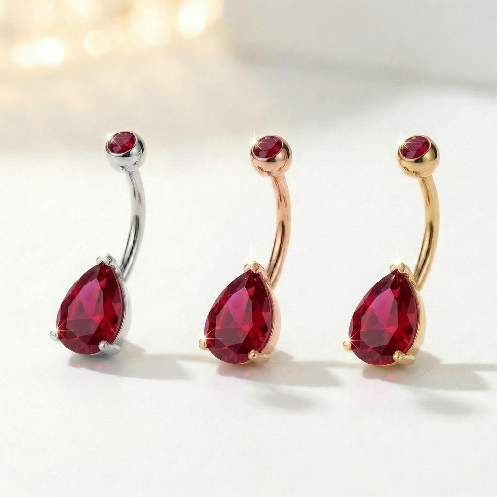Elegant Red Teardrop Belly Button Ring | Dangle Navel Piercing Jewelry | Surgical Steel Body Jewelry with Ruby Red Gemstone