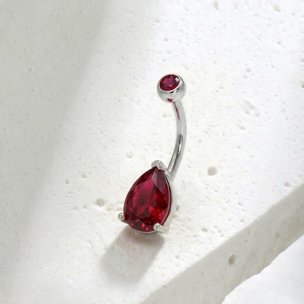 Elegant Red Teardrop Belly Button Ring | Dangle Navel Piercing Jewelry | Surgical Steel Body Jewelry with Ruby Red Gemstone