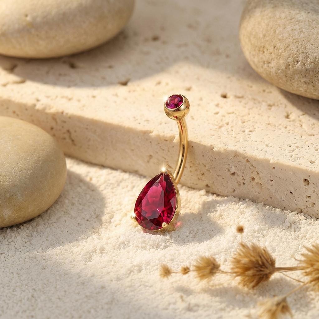 Elegant Red Teardrop Belly Button Ring | Dangle Navel Piercing Jewelry | Surgical Steel Body Jewelry with Ruby Red Gemstone