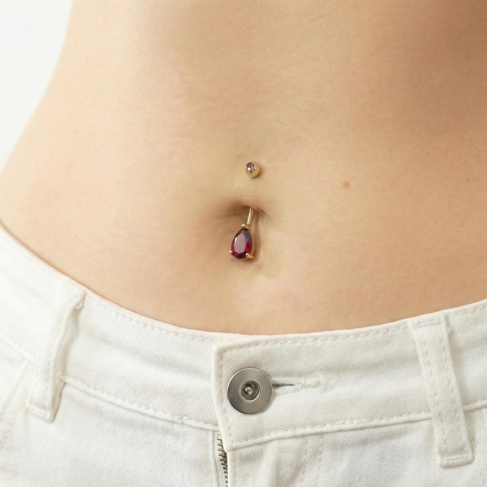 Elegant Red Teardrop Belly Button Ring | Dangle Navel Piercing Jewelry | Surgical Steel Body Jewelry with Ruby Red Gemstone