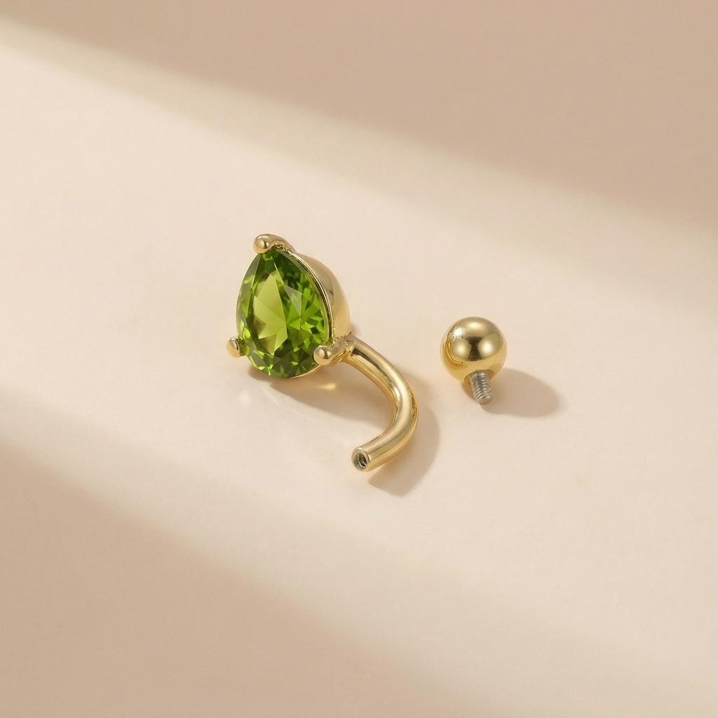 Elegant Peridot Teardrop Belly Button Ring | Dainty Gold Navel Piercing Jewelry | August Birthstone Gift for Her | Sparkling Body Jewelry