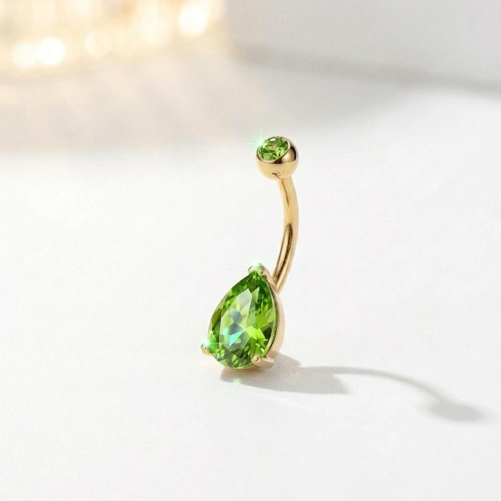 Elegant Peridot Teardrop Belly Button Ring | Dainty Gold Navel Piercing Jewelry | August Birthstone Gift for Her | Sparkling Body Jewelry