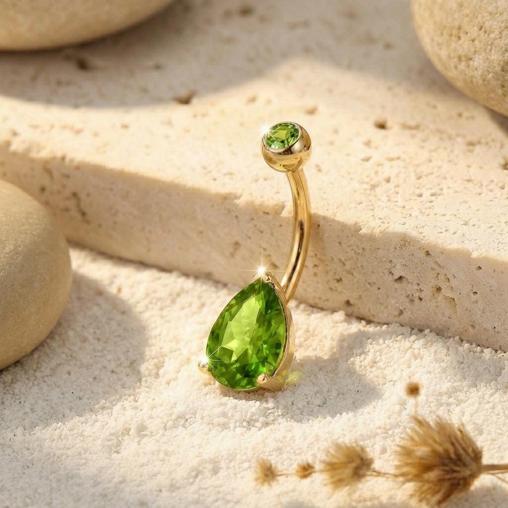 Elegant Peridot Teardrop Belly Button Ring | Dainty Gold Navel Piercing Jewelry | August Birthstone Gift for Her | Sparkling Body Jewelry