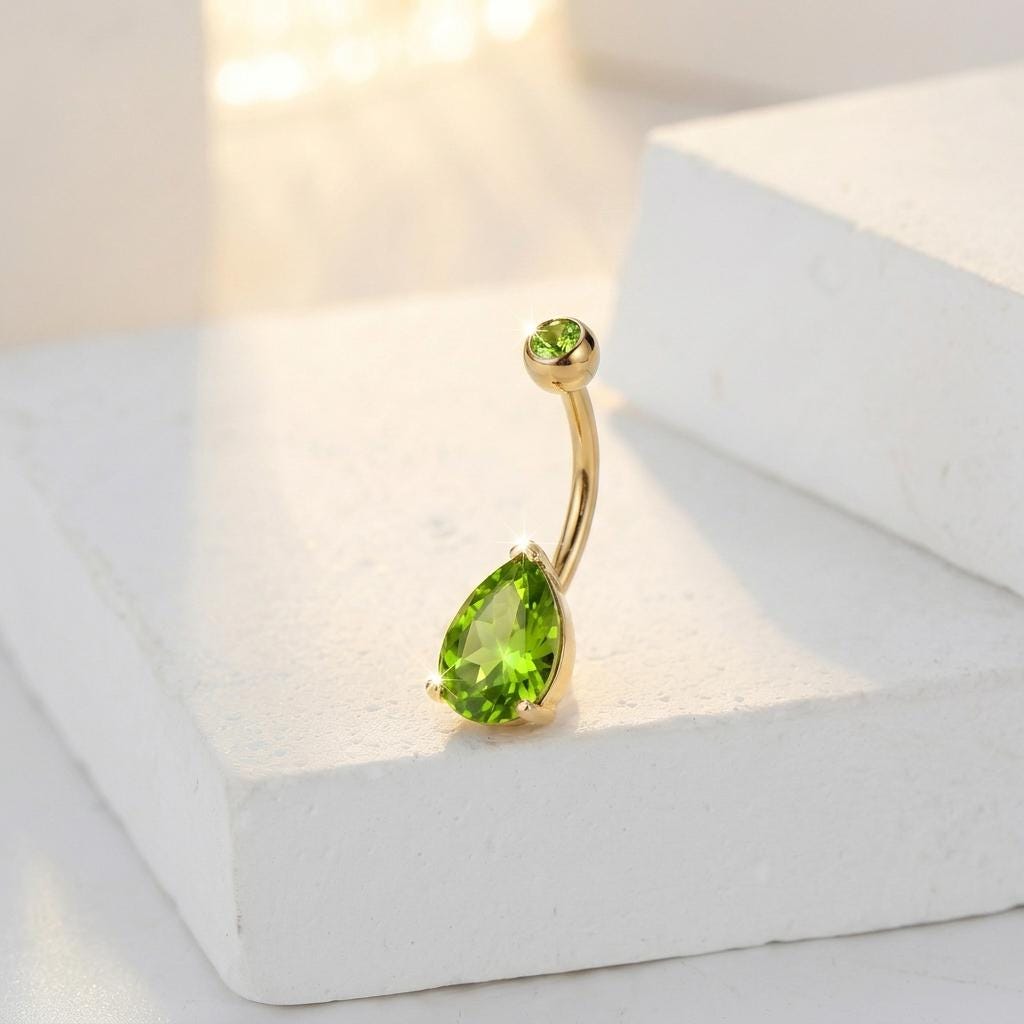 Elegant Peridot Teardrop Belly Button Ring | Dainty Gold Navel Piercing Jewelry | August Birthstone Gift for Her | Sparkling Body Jewelry
