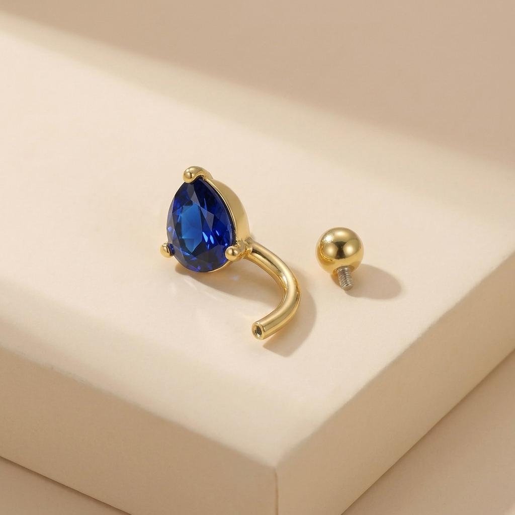Elegant Blue Teardrop Navel Ring | Dainty Sapphire Crystal Belly Button Ring | Sterling Silver Body Jewelry | Sparkly Dangle Piercing Gift