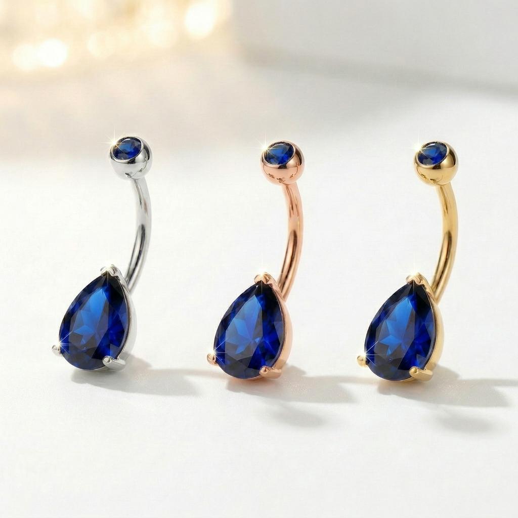 Elegant Blue Teardrop Navel Ring | Dainty Sapphire Crystal Belly Button Ring | Sterling Silver Body Jewelry | Sparkly Dangle Piercing Gift