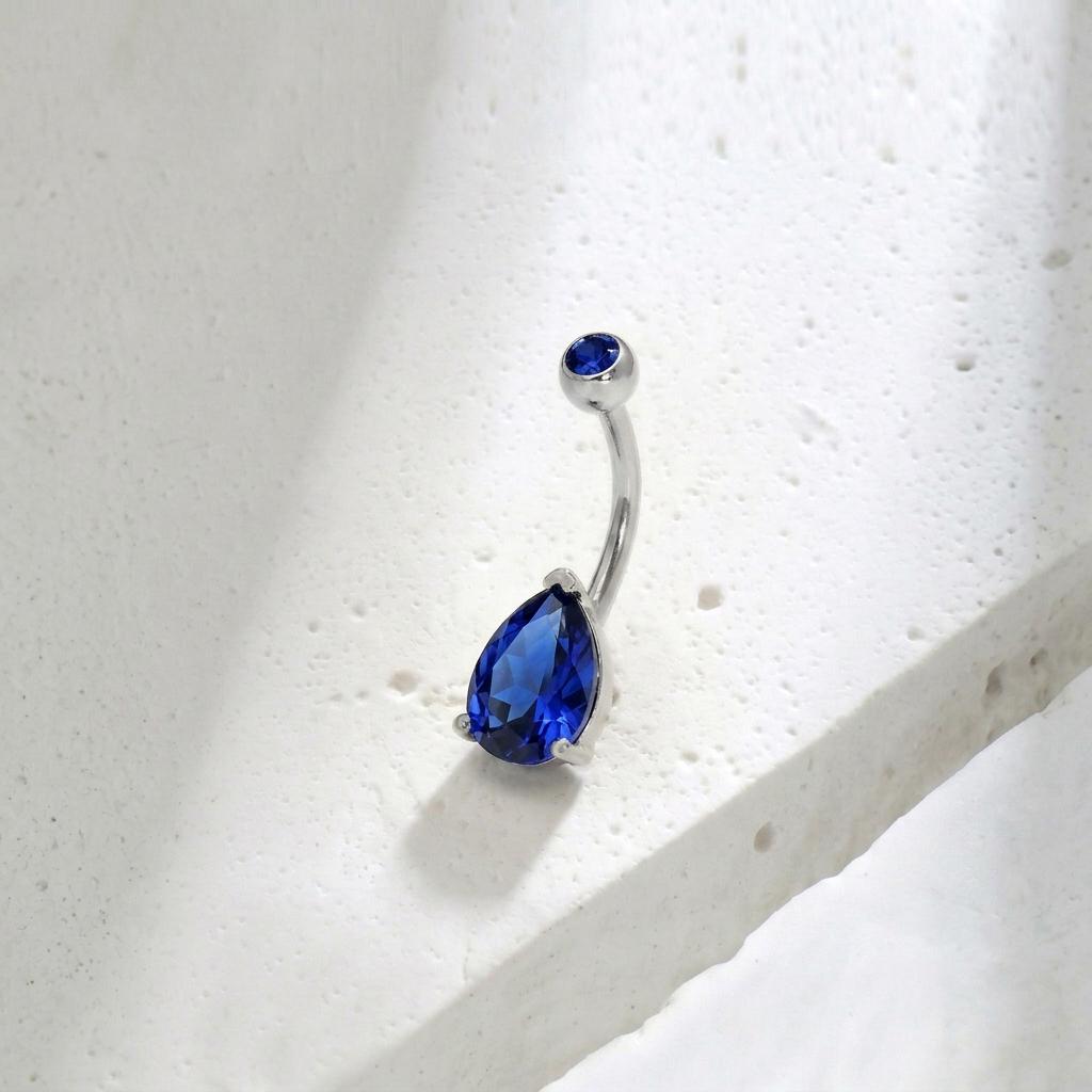 Elegant Blue Teardrop Navel Ring | Dainty Sapphire Crystal Belly Button Ring | Sterling Silver Body Jewelry | Sparkly Dangle Piercing Gift