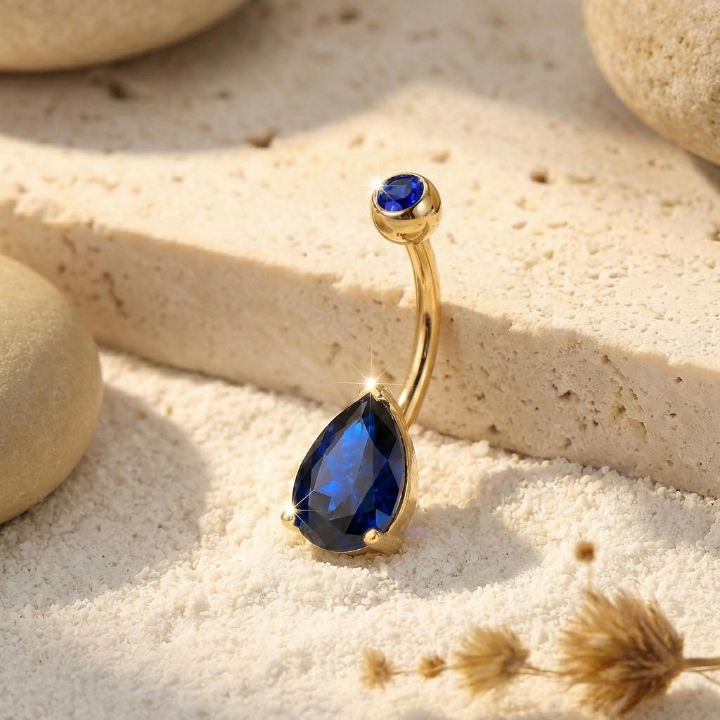 Elegant Blue Teardrop Navel Ring | Dainty Sapphire Crystal Belly Button Ring | Sterling Silver Body Jewelry | Sparkly Dangle Piercing Gift