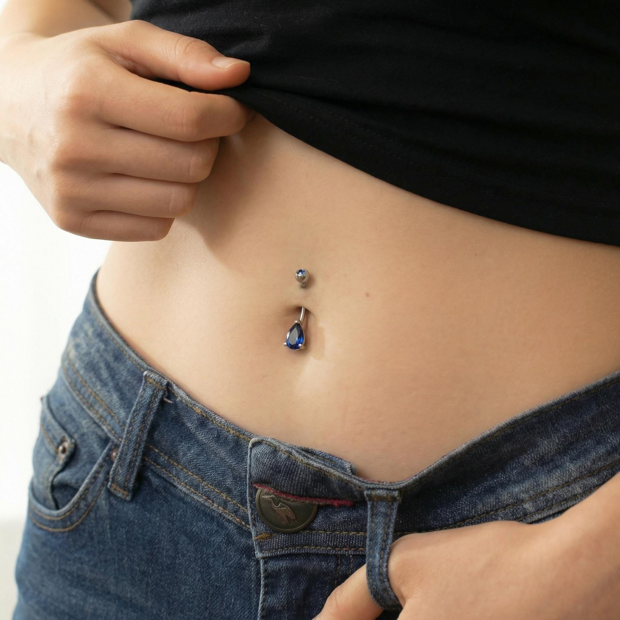 Elegant Blue Teardrop Navel Ring | Dainty Sapphire Crystal Belly Button Ring | Sterling Silver Body Jewelry | Sparkly Dangle Piercing Gift