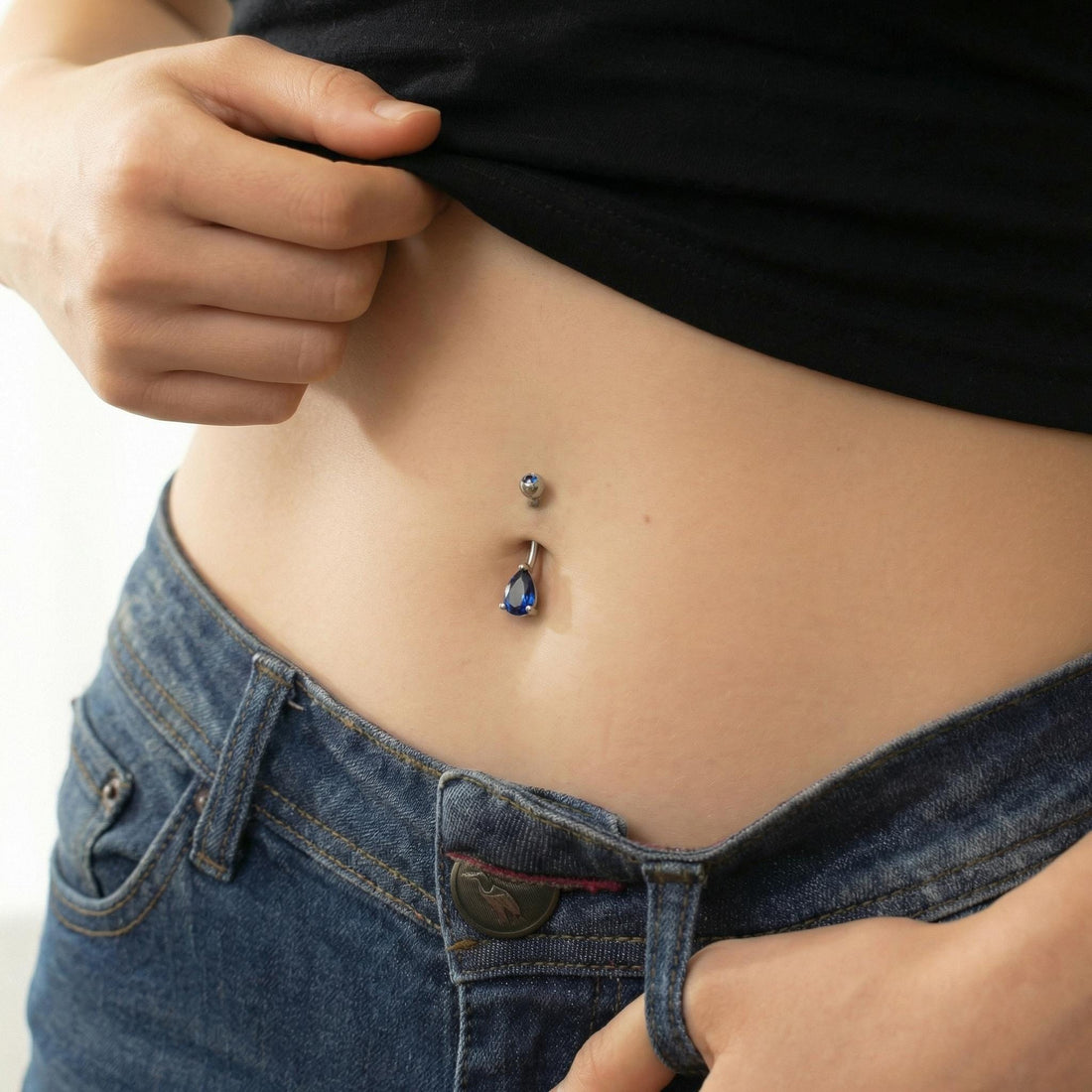 Elegant Blue Teardrop Navel Ring | Dainty Sapphire Crystal Belly Button Ring | Sterling Silver Body Jewelry | Sparkly Dangle Piercing Gift