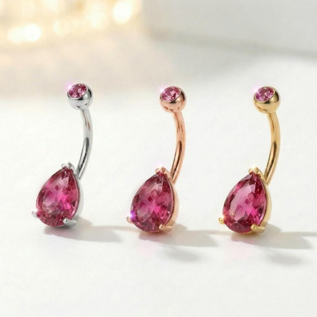Sparkling Pink Teardrop Belly Button Ring | Dainty Gold Navel Piercing Jewelry | Elegant CZ Dangle Belly Ring | Summer Body Jewelry Gift