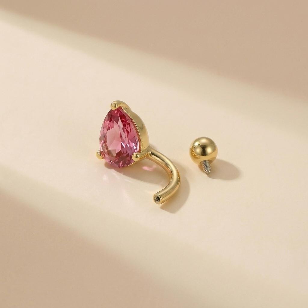Sparkling Pink Teardrop Belly Button Ring | Dainty Gold Navel Piercing Jewelry | Elegant CZ Dangle Belly Ring | Summer Body Jewelry Gift