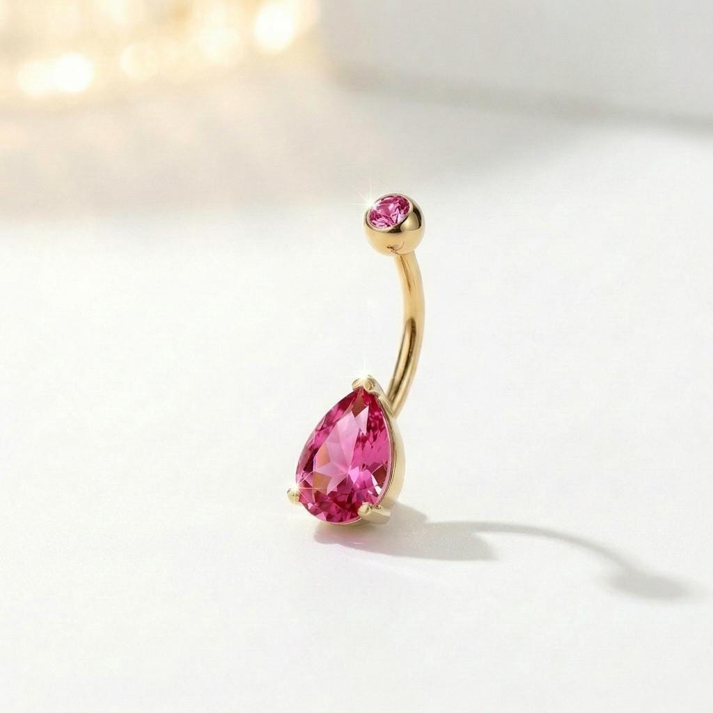 Sparkling Pink Teardrop Belly Button Ring | Dainty Gold Navel Piercing Jewelry | Elegant CZ Dangle Belly Ring | Summer Body Jewelry Gift