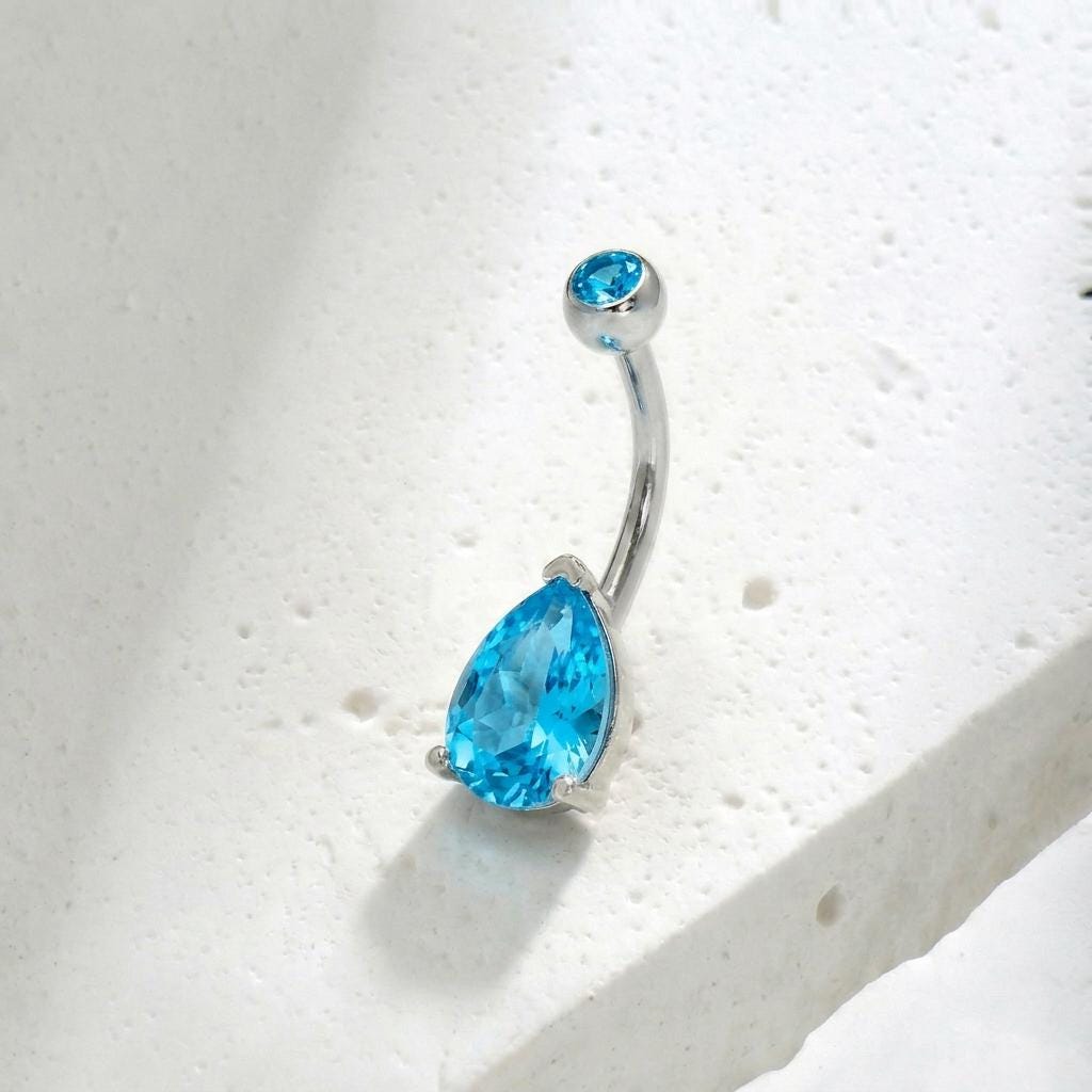 Vibrant Blue Teardrop Navel Ring | Sterling Silver Belly Button Jewelry | Dangle Gemstone Belly Ring | Elegant Body Piercing Gift