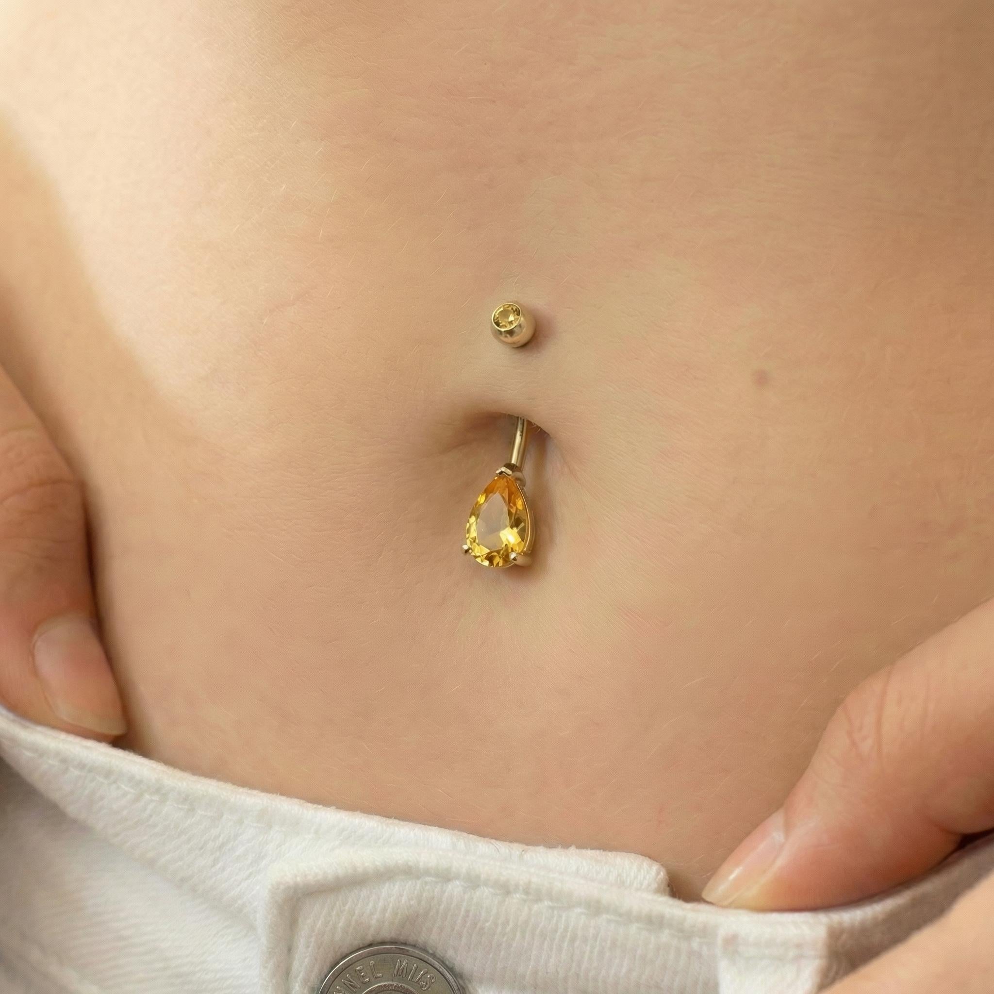 Elegant Gold Teardrop Citrine Navel Ring | Dainty Dangle Belly Button Piercing | Sparkling Gemstone Body Jewelry Gift