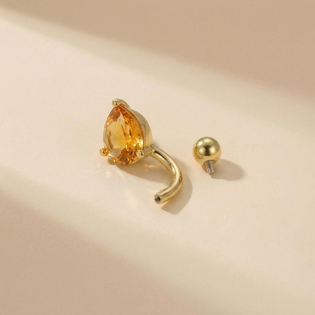 Elegant Gold Teardrop Citrine Navel Ring | Dainty Dangle Belly Button Piercing | Sparkling Gemstone Body Jewelry Gift