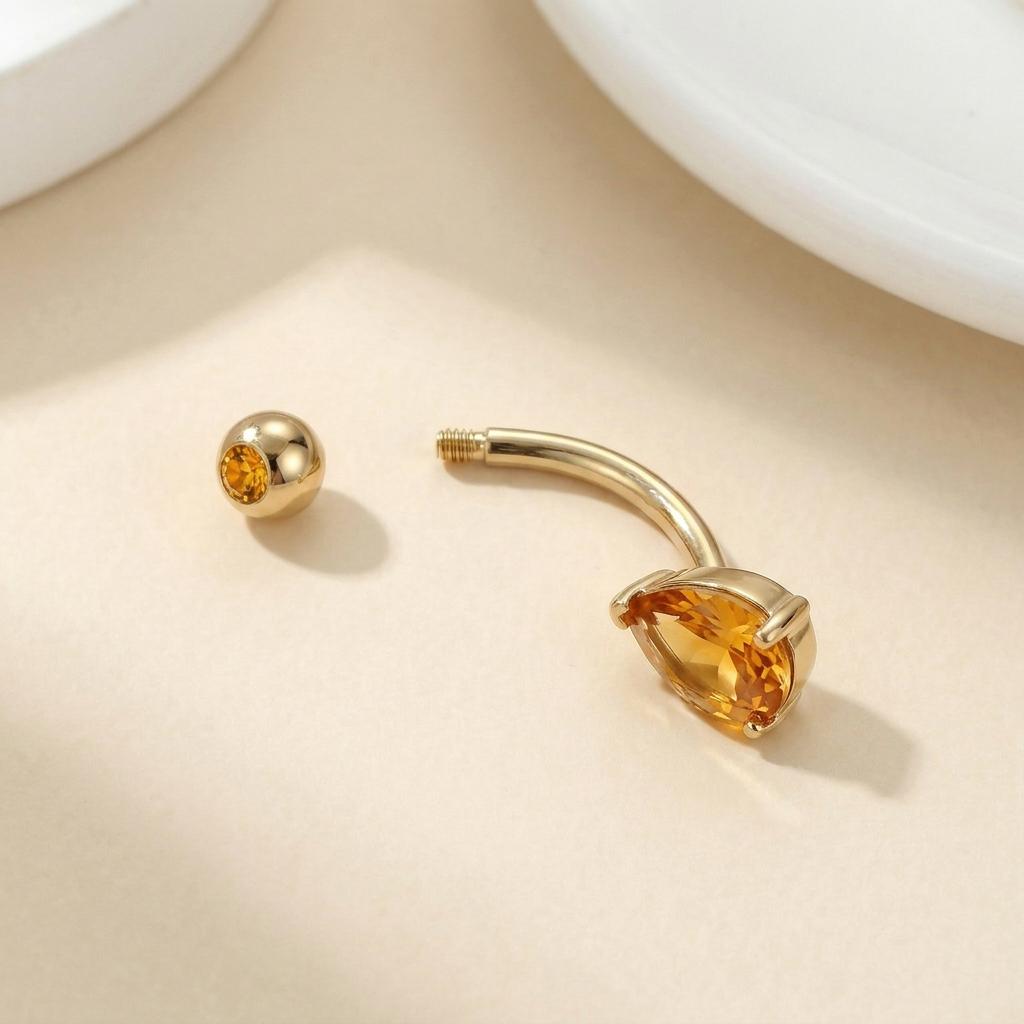 Elegant Gold Teardrop Citrine Navel Ring | Dainty Dangle Belly Button Piercing | Sparkling Gemstone Body Jewelry Gift