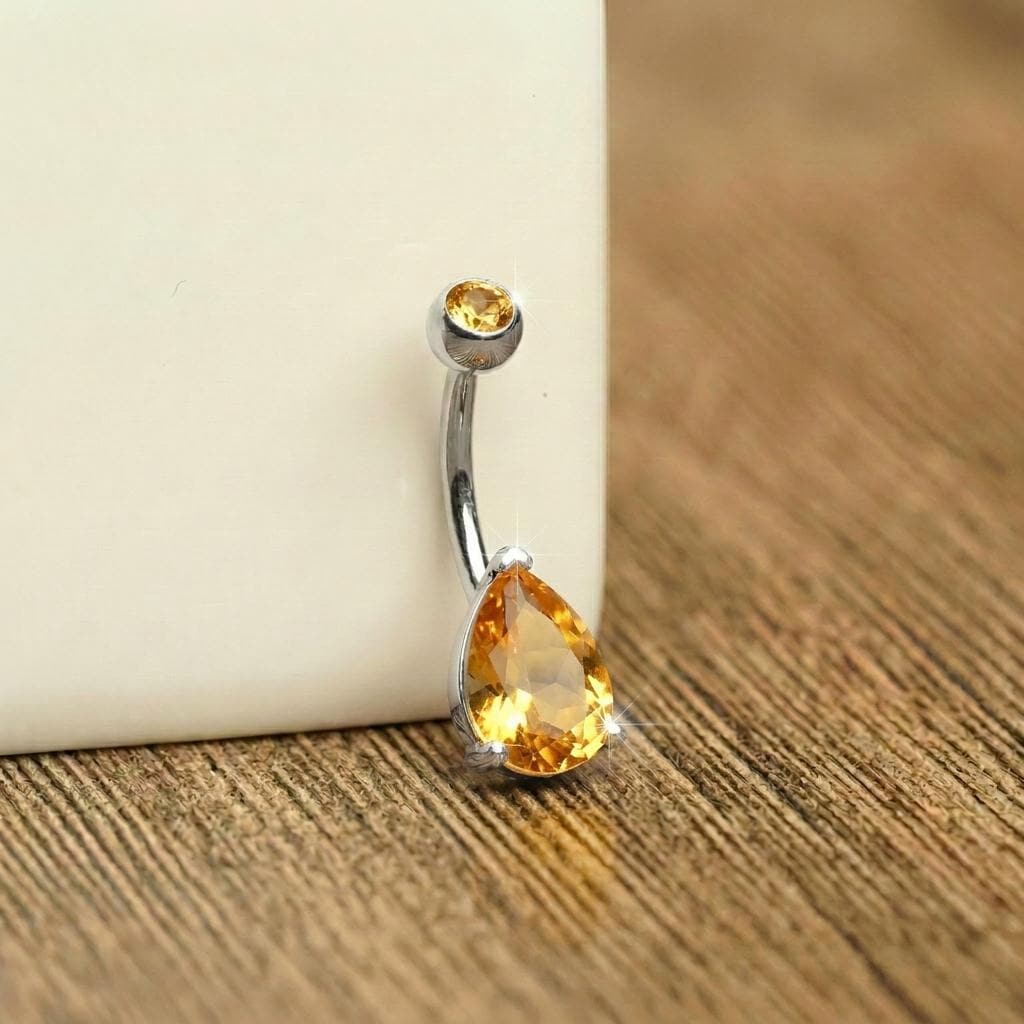 Elegant Gold Teardrop Citrine Navel Ring | Dainty Dangle Belly Button Piercing | Sparkling Gemstone Body Jewelry Gift
