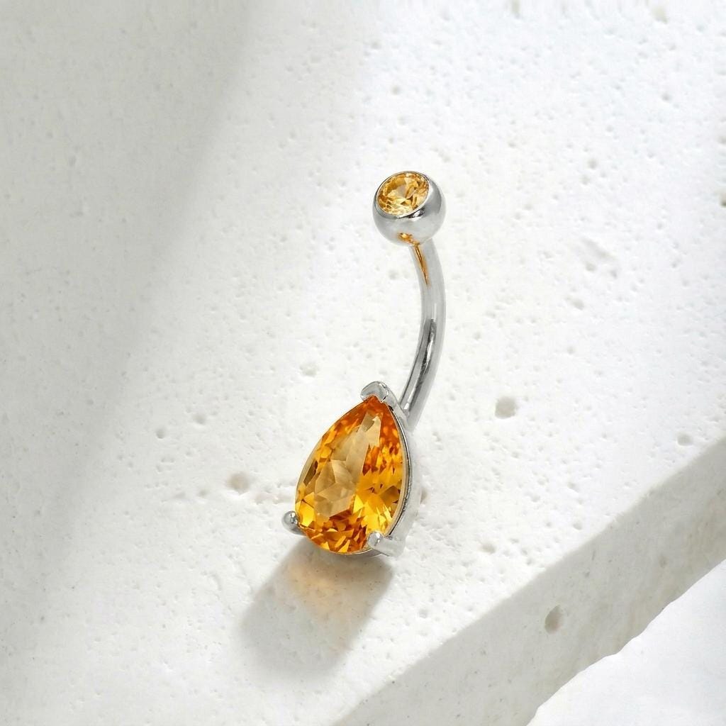 Elegant Gold Teardrop Citrine Navel Ring | Dainty Dangle Belly Button Piercing | Sparkling Gemstone Body Jewelry Gift