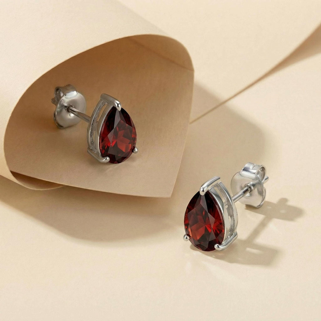 Teardrop Garnet Stud Earrings, Pear Cut Minimalist January Birthstone Jewelry, Dainty Red Gemstone Earring Gift for Her