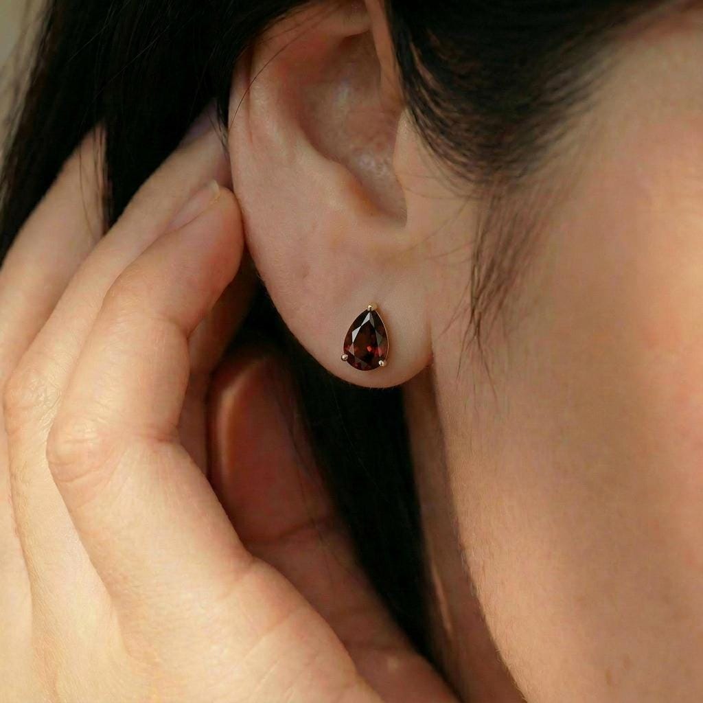 Teardrop Garnet Stud Earrings, Pear Cut Minimalist January Birthstone Jewelry, Dainty Red Gemstone Earring Gift for Her
